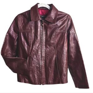 Italian Elegant Maroon Genuine Leather Jacket for Women By Guess Size S